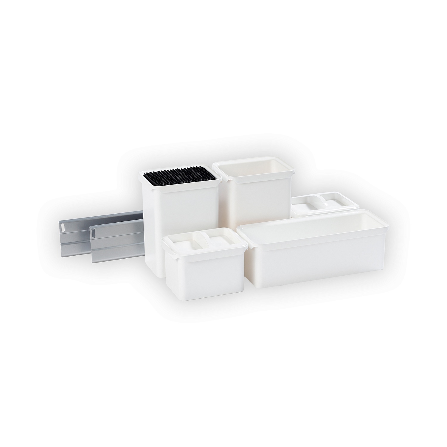 Набор емкостей №1 Юбокс, Диспенса / Диспенса Джуниор 300 мм, 2х бокса 1л, 1хбокс 2, 1л., 2хбокса 2л., 2хкрышки, делитель для ножей, цвет Титан / емкости Белые Kessebohmer | официальный магазин